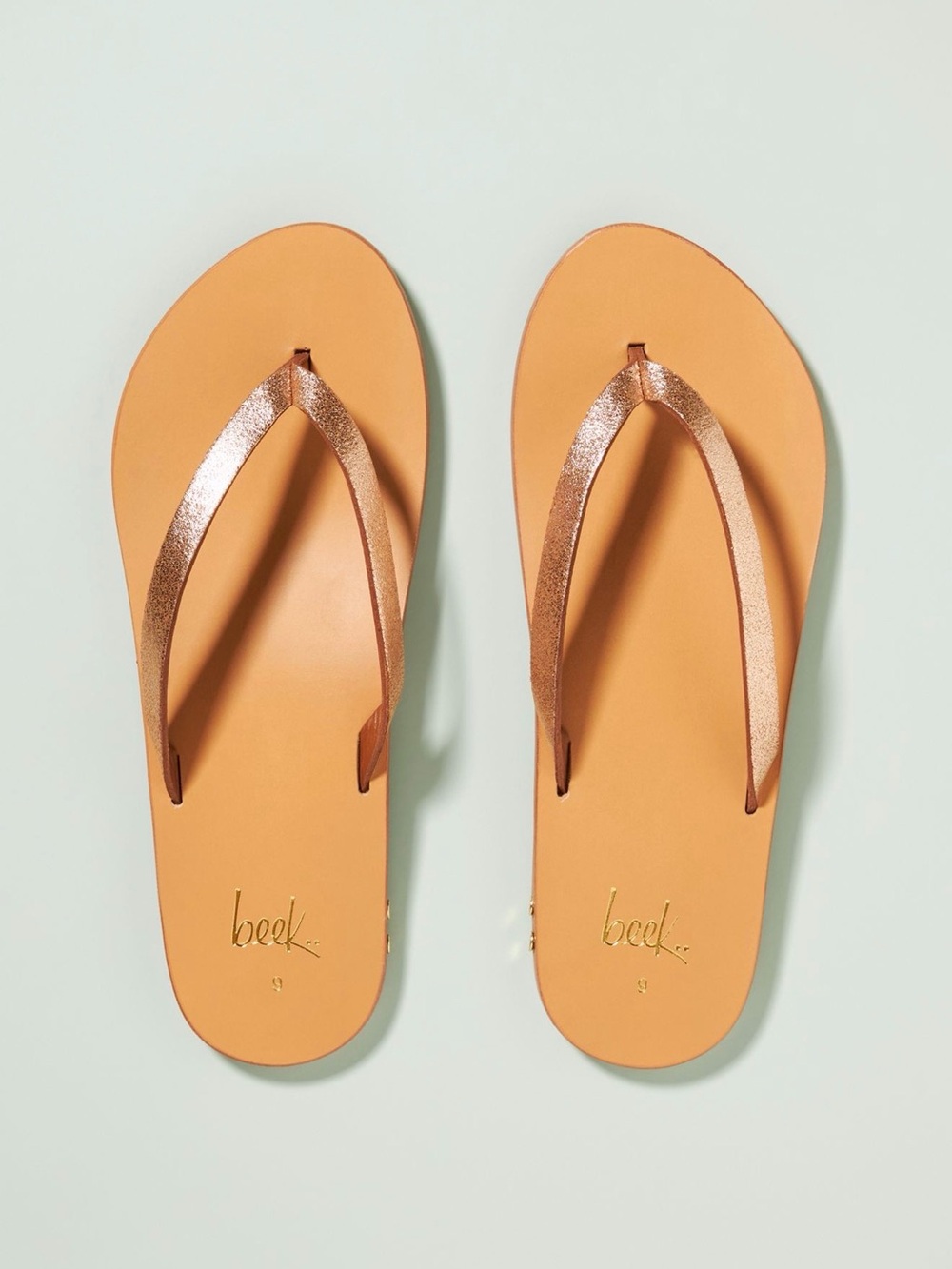 beek NWOT Seabird Flip Flop Honey/Platinum Leather Sandals Women’s Size 9